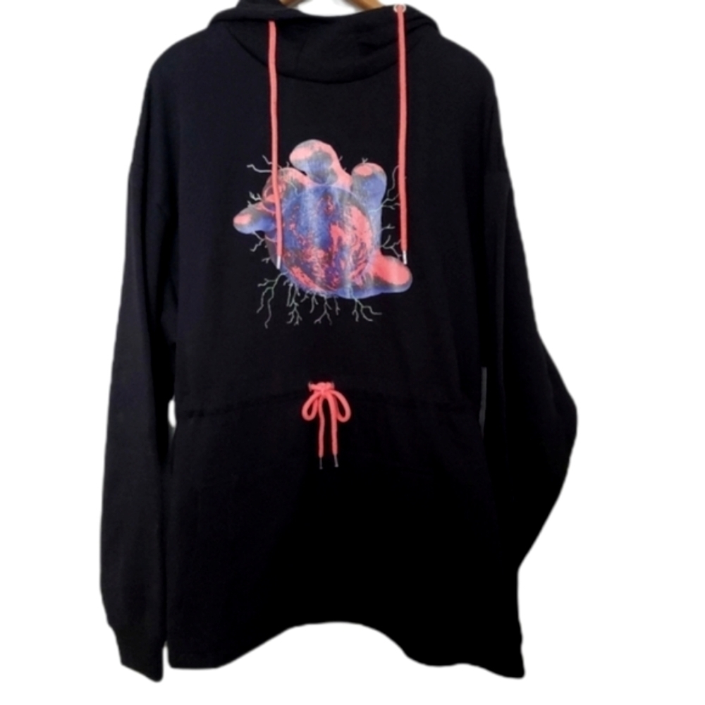 Mens ASOS Design World Print Pullover Hoodie Black Drawcord Sweatshirt Medium - Picture 2 of 15
